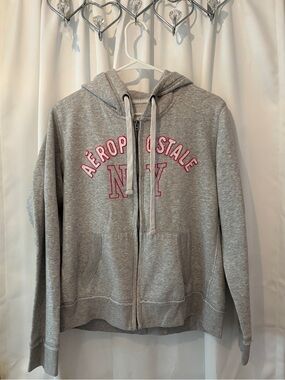 Aeropostale Light Gray Zip Hoodie with Pink Embroidery
